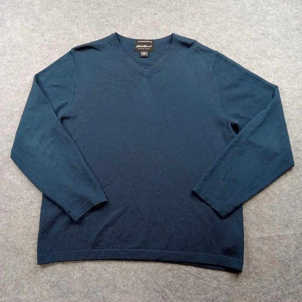 Eddie Bauer Sweater Mens Large Blue Fine‎ Italian Merino Wool V Neck Pullover